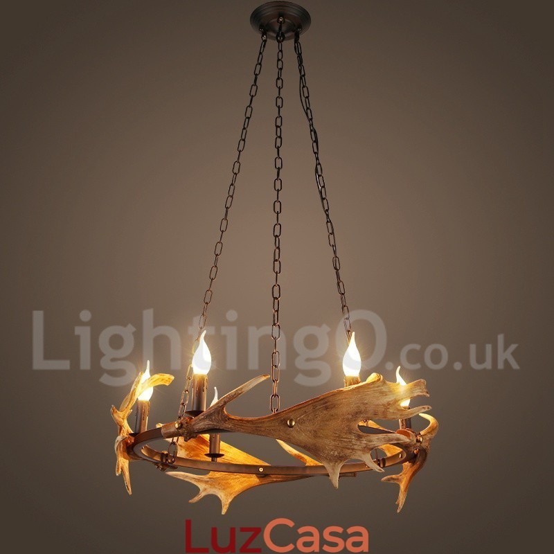 Lustre de chifre de veado rústico de 6 luzes