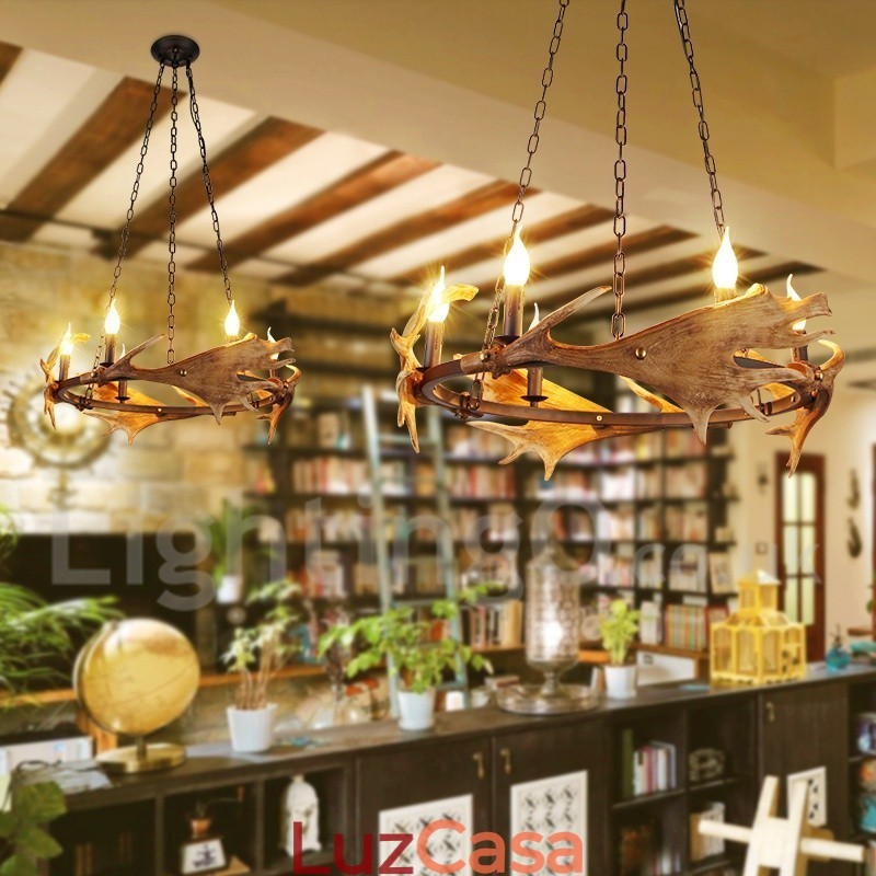 Lustre de chifre de veado rústico de 6 luzes