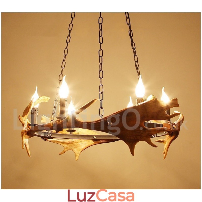 Lustre de chifre de veado rústico de 6 luzes