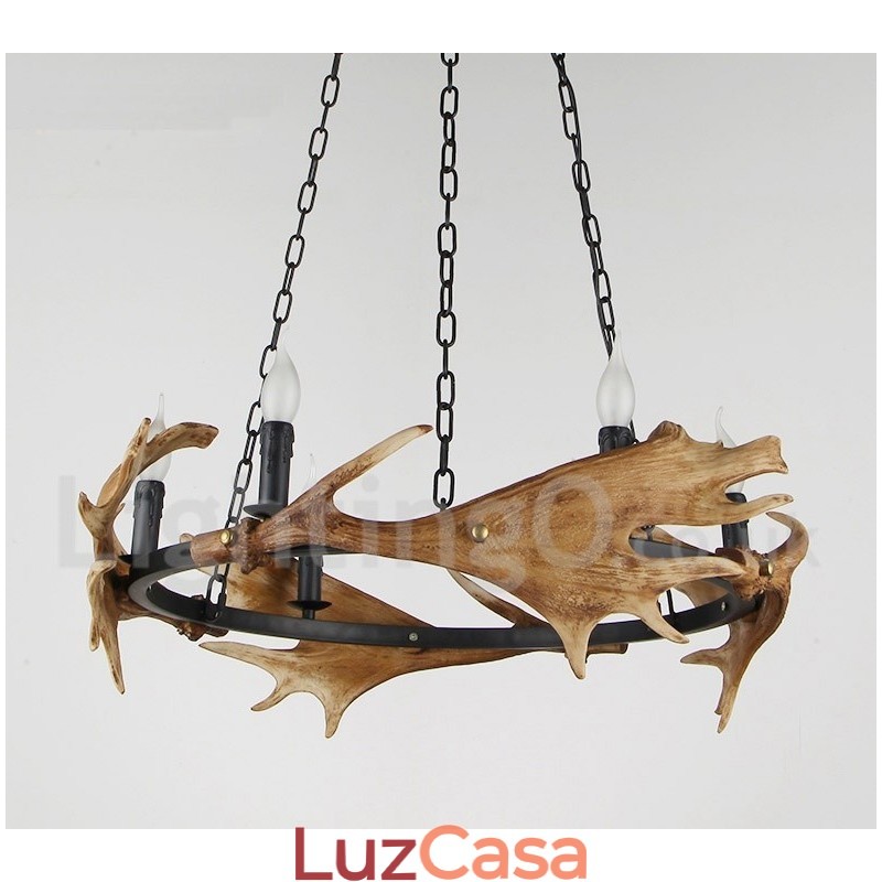 Lustre de chifre de veado rústico de 6 luzes