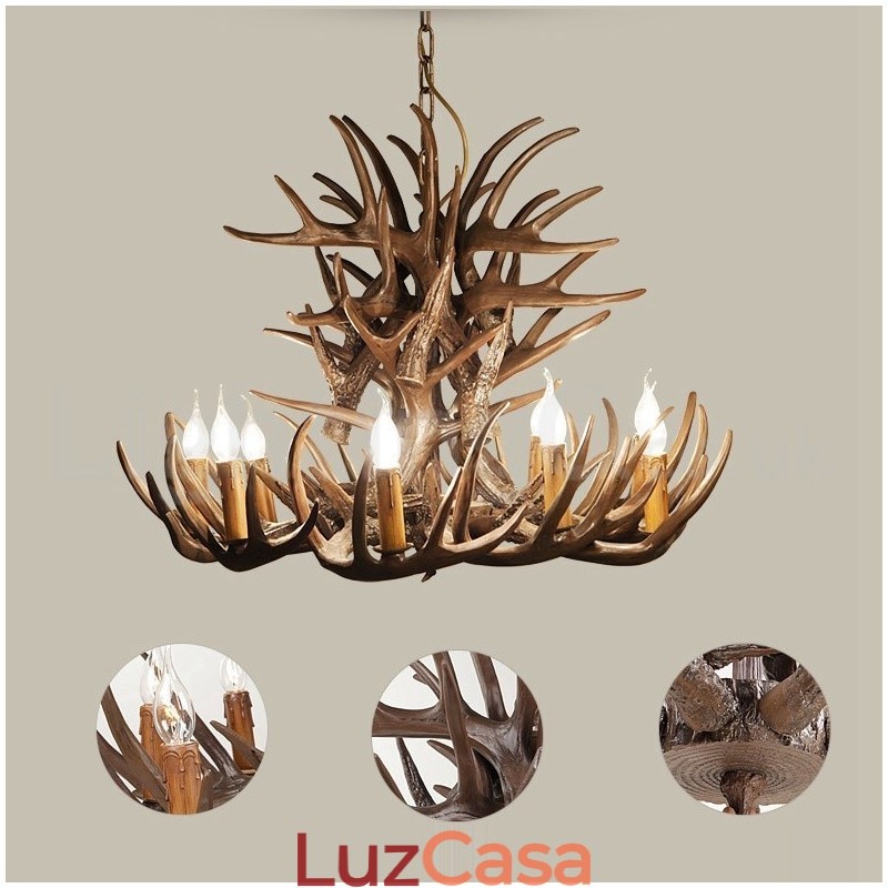 Lustre de chifre retrô artístico rústico de 9 luzes