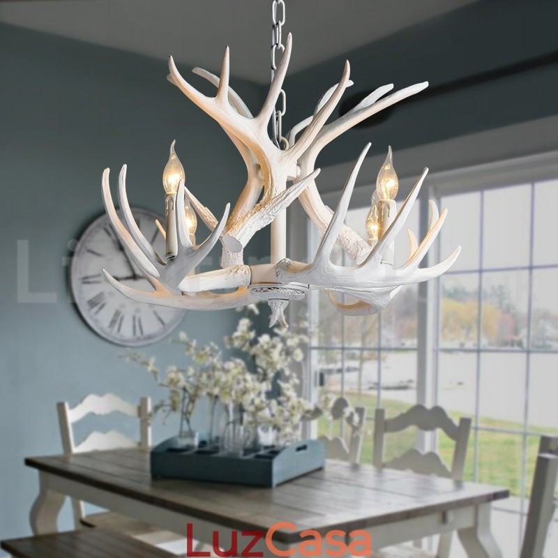 Lustre branco de chifre retrô artístico rústico de 4 luzes
