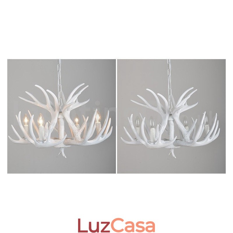 Lustre branco de chifre retrô artístico rústico de 4 luzes