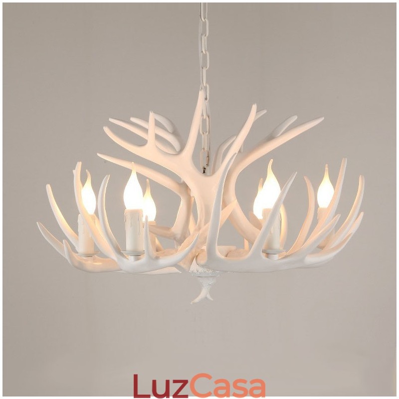 Lustre branco de chifre retrô artístico rústico de 6 luzes