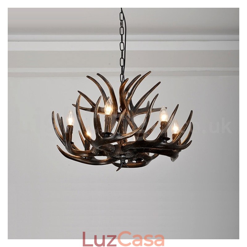 Lustre preto de chifre retrô artístico rústico de 6 luzes