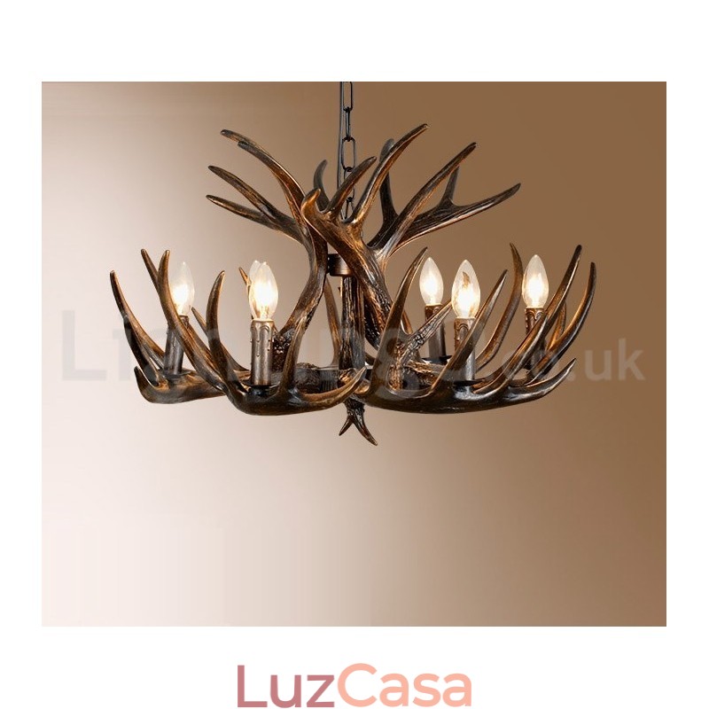 Lustre preto de chifre retrô artístico rústico de 6 luzes