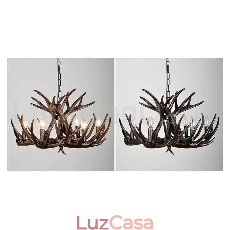 Lustre preto de chifre retrô artístico rústico de 6 luzes