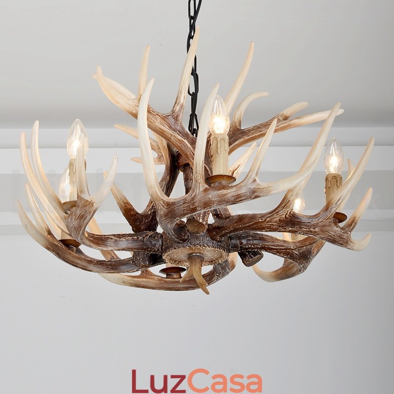 Lustre vintage de chifre retrô artístico rústico de 6 luzes