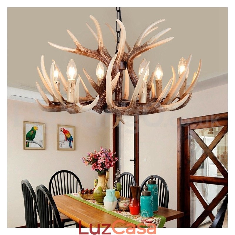 Lustre vintage de chifre retrô artístico rústico de 6 luzes