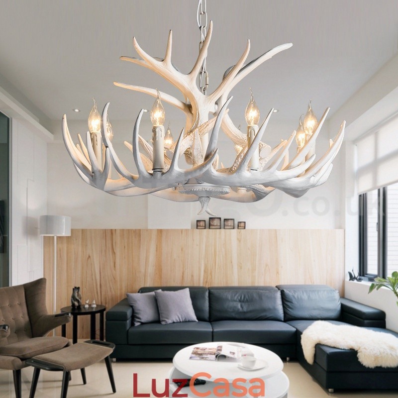 Lustre branco de chifre retrô artístico rústico de 9 luzes