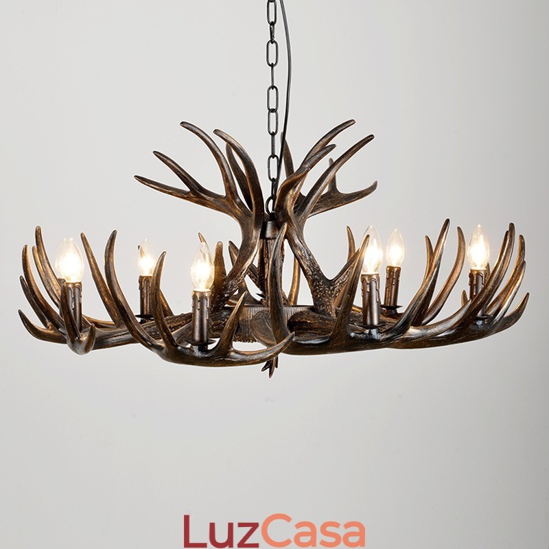 Lustre preto de chifre retrô artístico rústico de 9 luzes