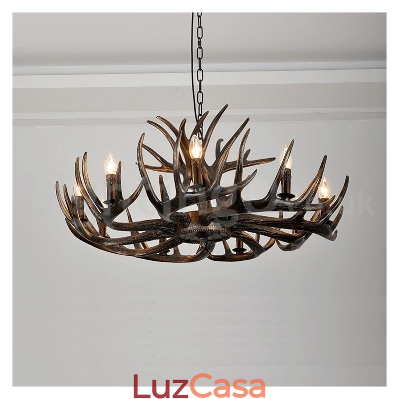 Lustre preto de chifre retrô artístico rústico de 9 luzes