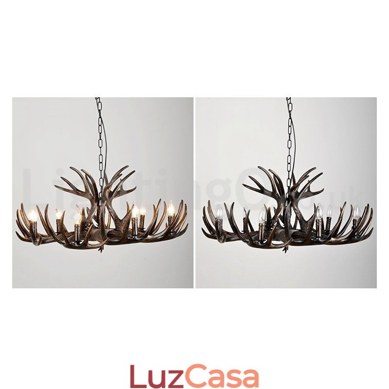 Lustre preto de chifre retrô artístico rústico de 9 luzes