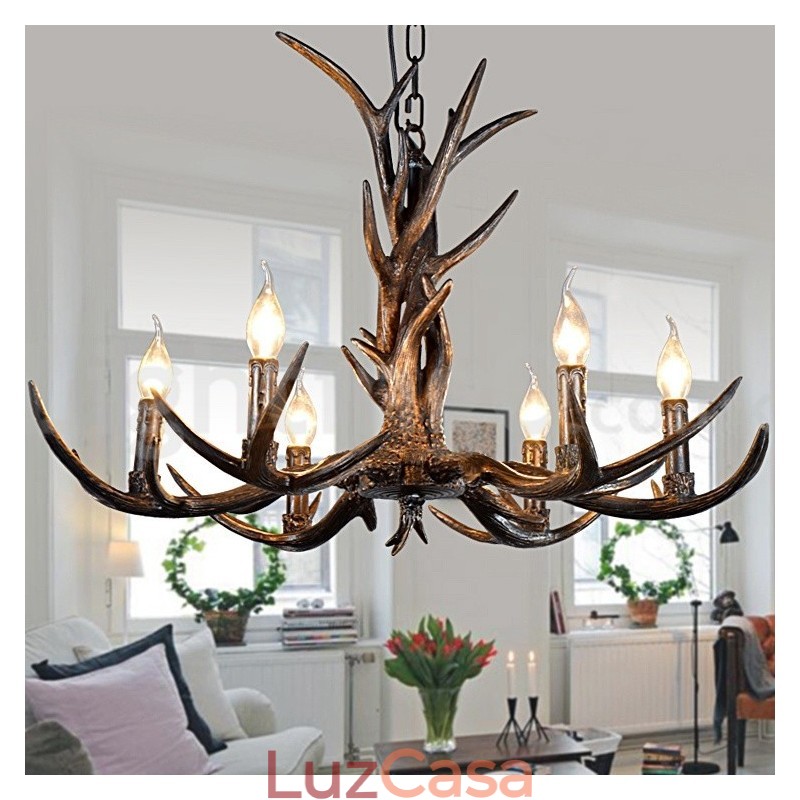 Lustre vintage preto com 6 luzes, rústico, artístico, retrô, chifre