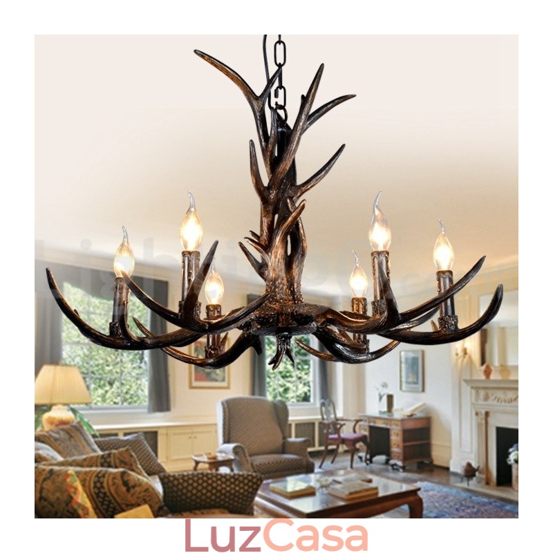 Lustre vintage preto com 6 luzes, rústico, artístico, retrô, chifre