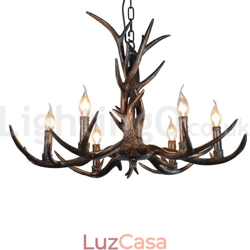 Lustre vintage preto com 6 luzes, rústico, artístico, retrô, chifre