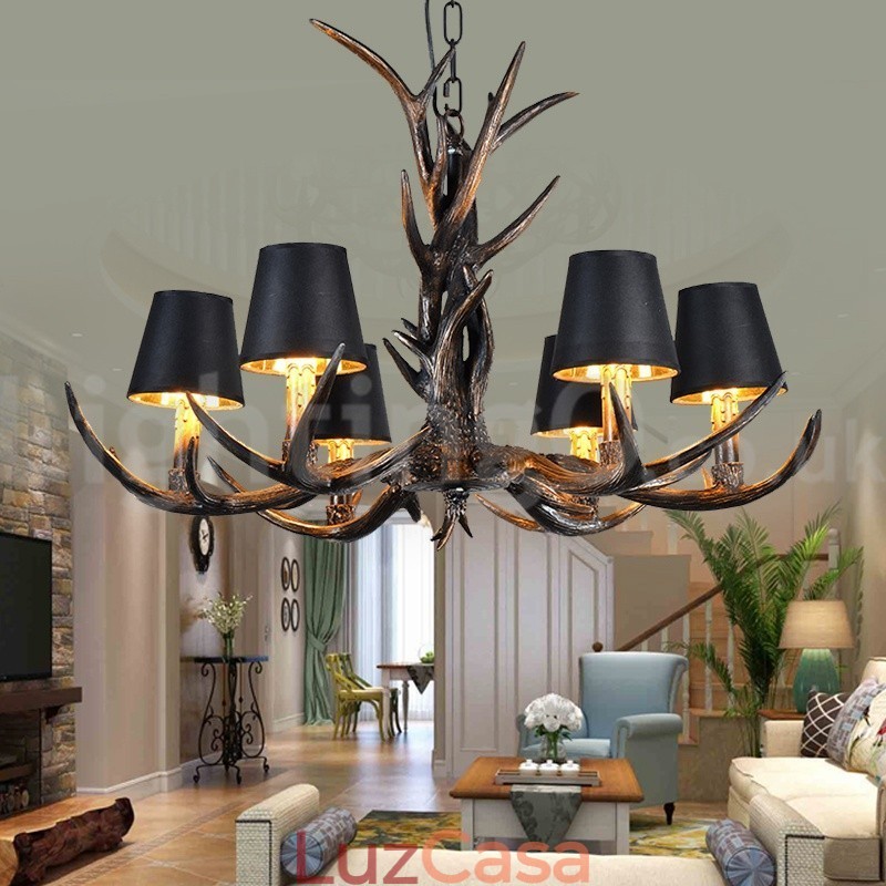 Lustre vintage preto com 6 luzes, rústico, artístico, retrô, chifre