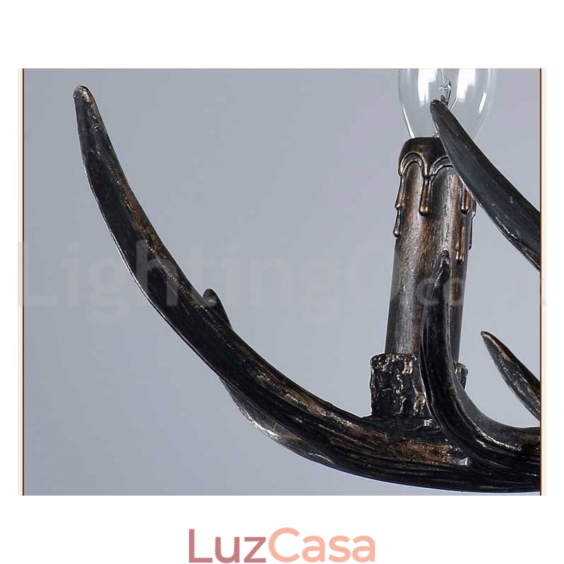 Lustre vintage preto com 6 luzes, rústico, artístico, retrô, chifre