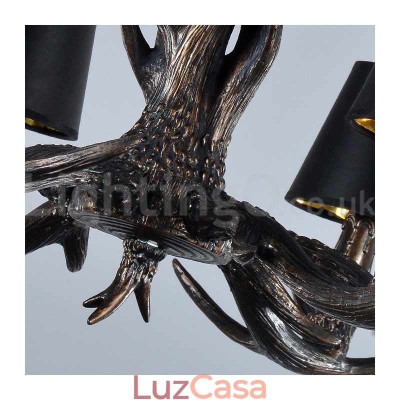 Lustre vintage preto com 6 luzes, rústico, artístico, retrô, chifre
