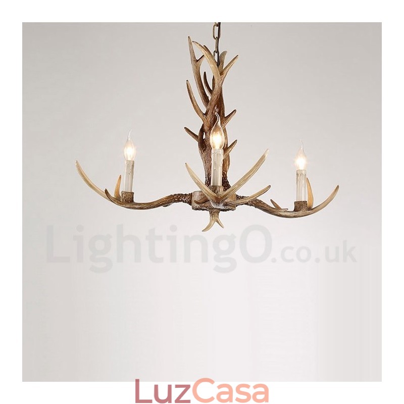 Lustre de vela vintage com chifres retrô artístico rústico de 3 luzes