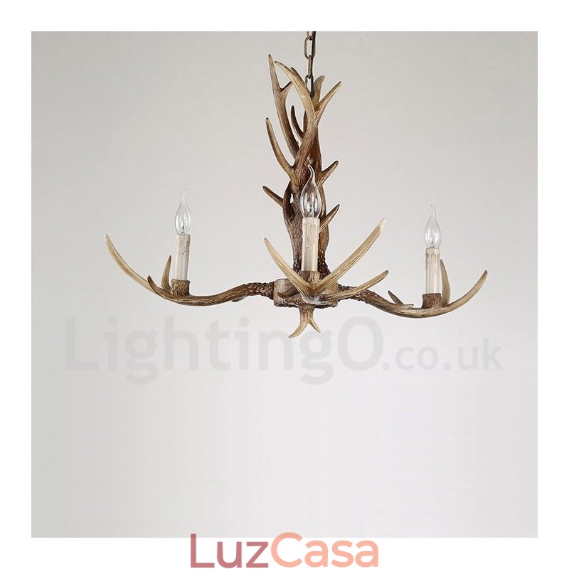 Lustre de vela vintage com chifres retrô artístico rústico de 3 luzes