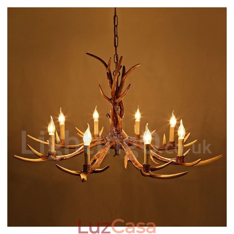 Lustre de vela vintage com chifres retrô artístico rústico de 8 luzes
