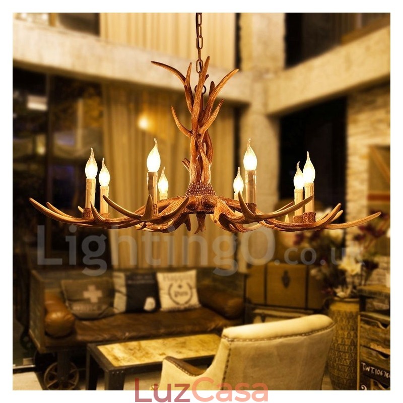 Lustre de vela vintage com chifres retrô artístico rústico de 8 luzes