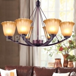 Lustre rústico de vidro com 6 lâmpadas em aço inoxidável