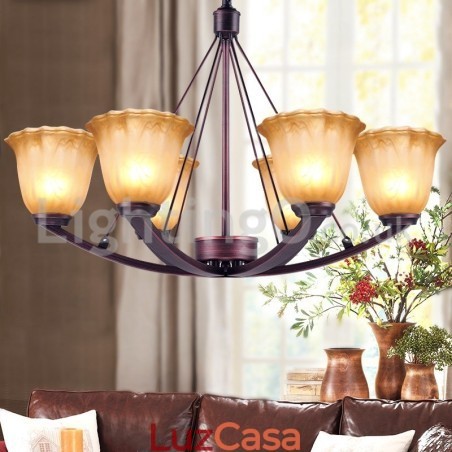 Lustre rústico de vidro com 6 lâmpadas em aço inoxidável Lustre rústico de vidro com 6 lâmpadas em aço inoxidável