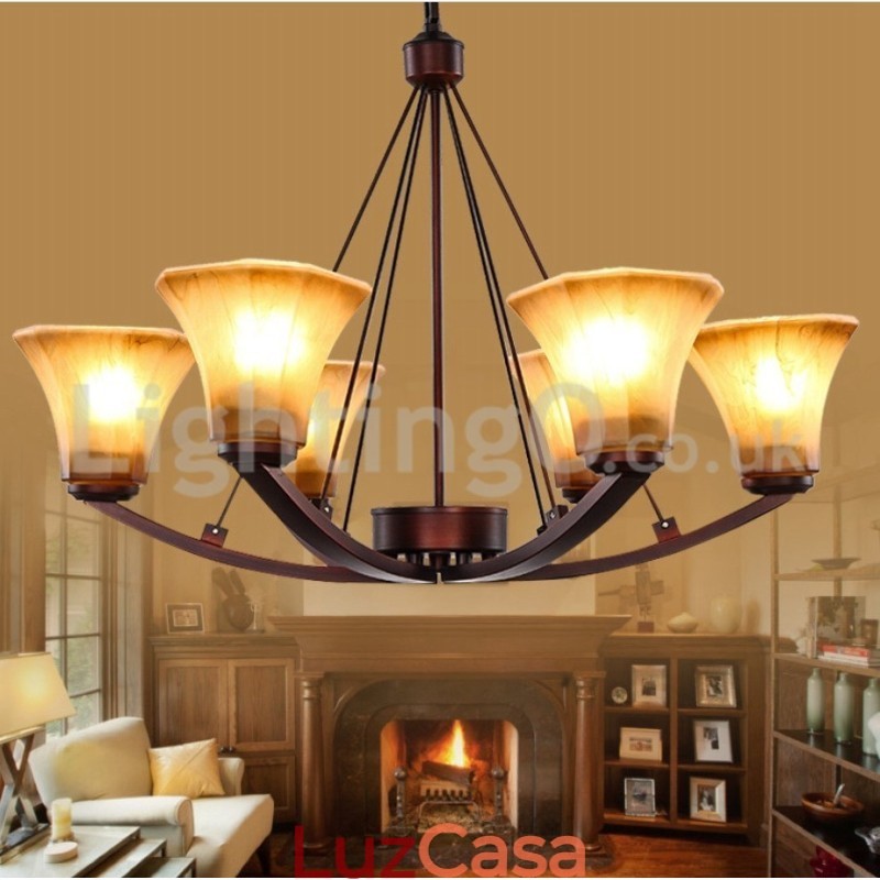 Lustre rústico de vidro com 6 lâmpadas em aço inoxidável