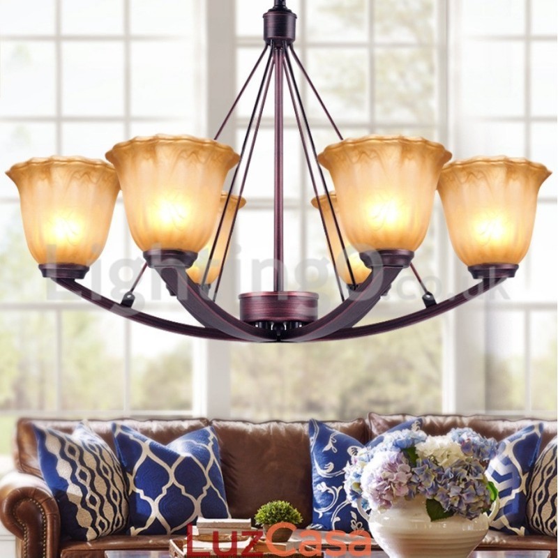 Lustre rústico de vidro com 6 lâmpadas em aço inoxidável