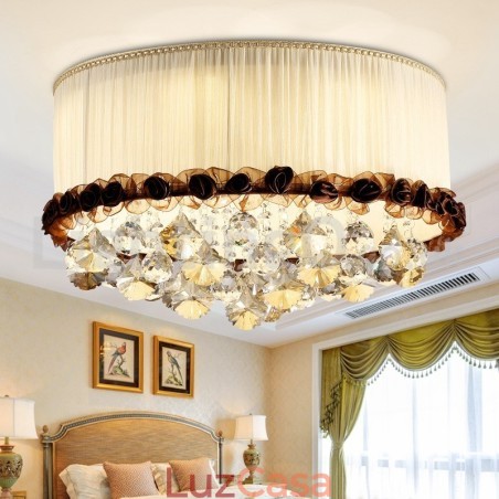 Luminária de teto de cristal redonda contemporânea moderna de 50 cm com abajur de tecido Luminária de teto de cristal redonda contemporânea moderna de 50 cm com abajur de tecido