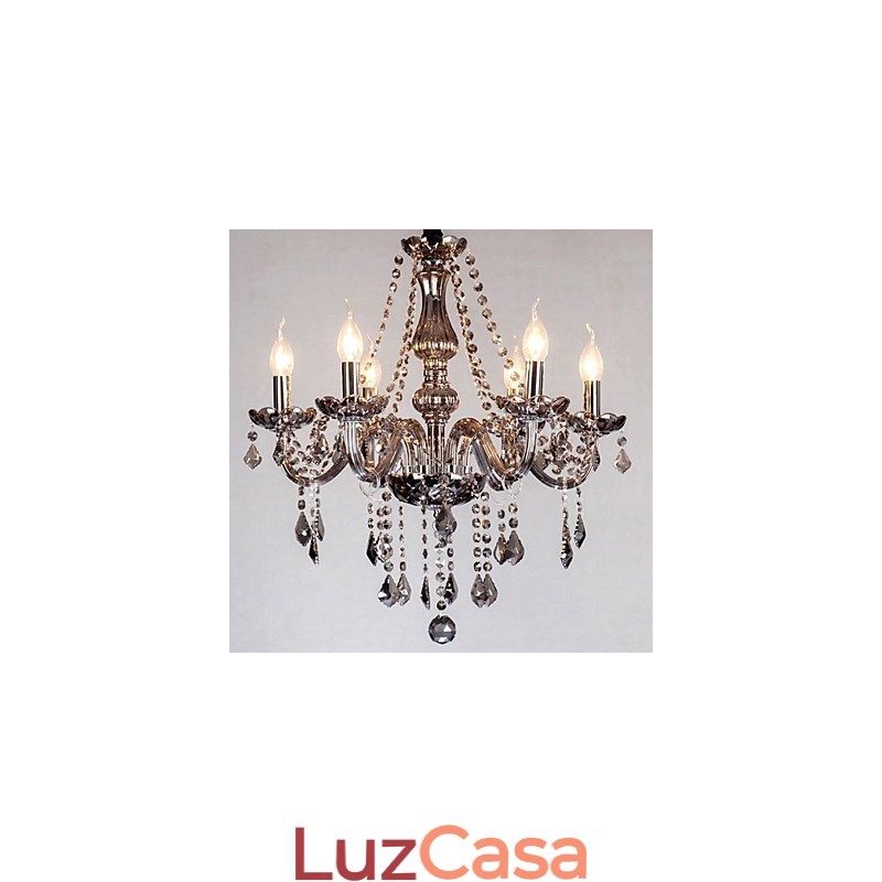Lustre de cristal europeu de 6 luzes em vidro e cristal de cor cinza