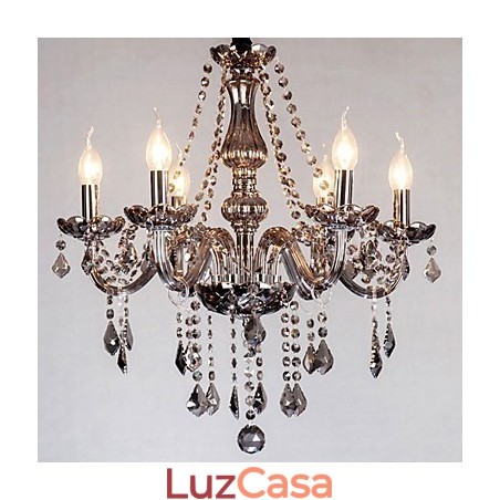Lustre de cristal europeu de 6 luzes em vidro e cristal de cor cinza Lustre de cristal europeu de 6 luzes em vidro e cristal de cor cinza