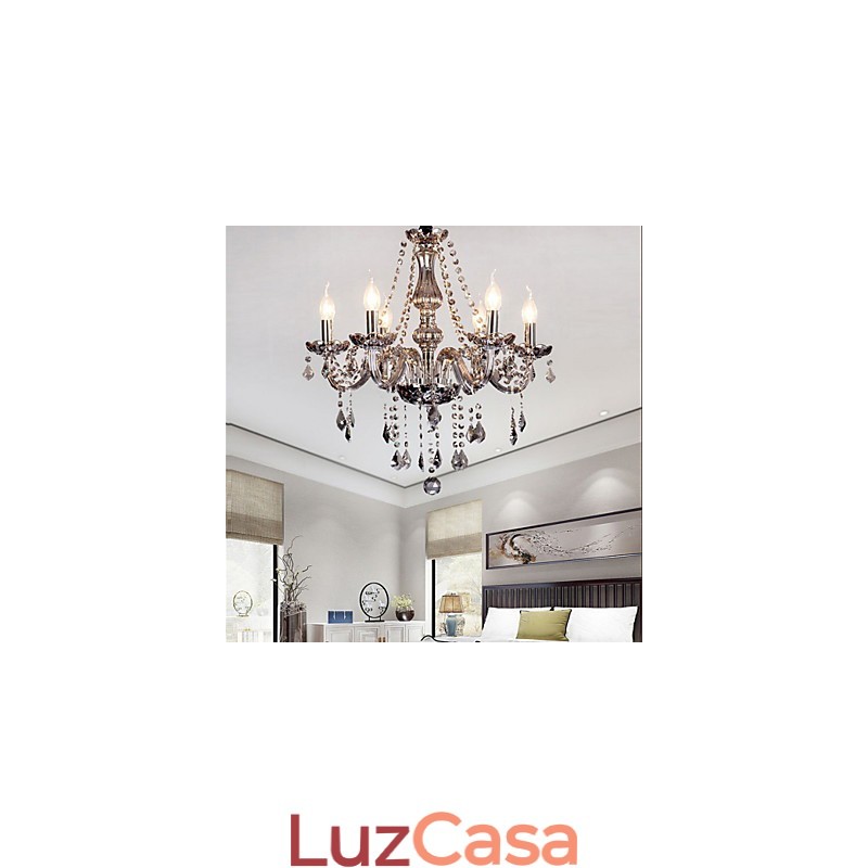 Lustre de cristal europeu de 6 luzes em vidro e cristal de cor cinza