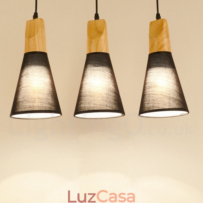 Luminária pendente moderna de madeira com 1 luz e 3 luzes e cúpula de tecido