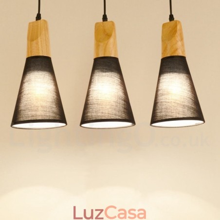 Luminária pendente moderna de madeira com 1 luz e 3 luzes e cúpula de tecido Luminária pendente moderna de madeira com 1 luz e 3 luzes e cúpula de tecido