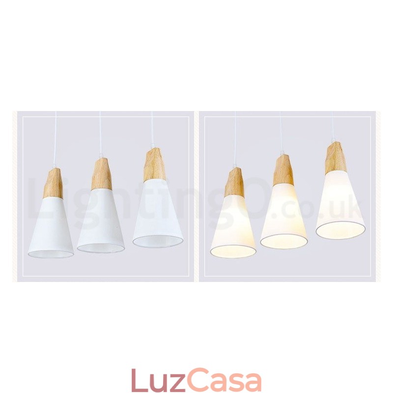 Luminária pendente moderna de madeira com 1 luz e 3 luzes e cúpula de tecido