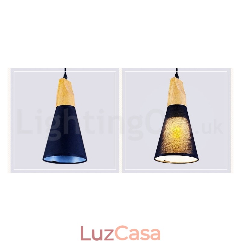 Luminária pendente moderna de madeira com 1 luz e 3 luzes e cúpula de tecido