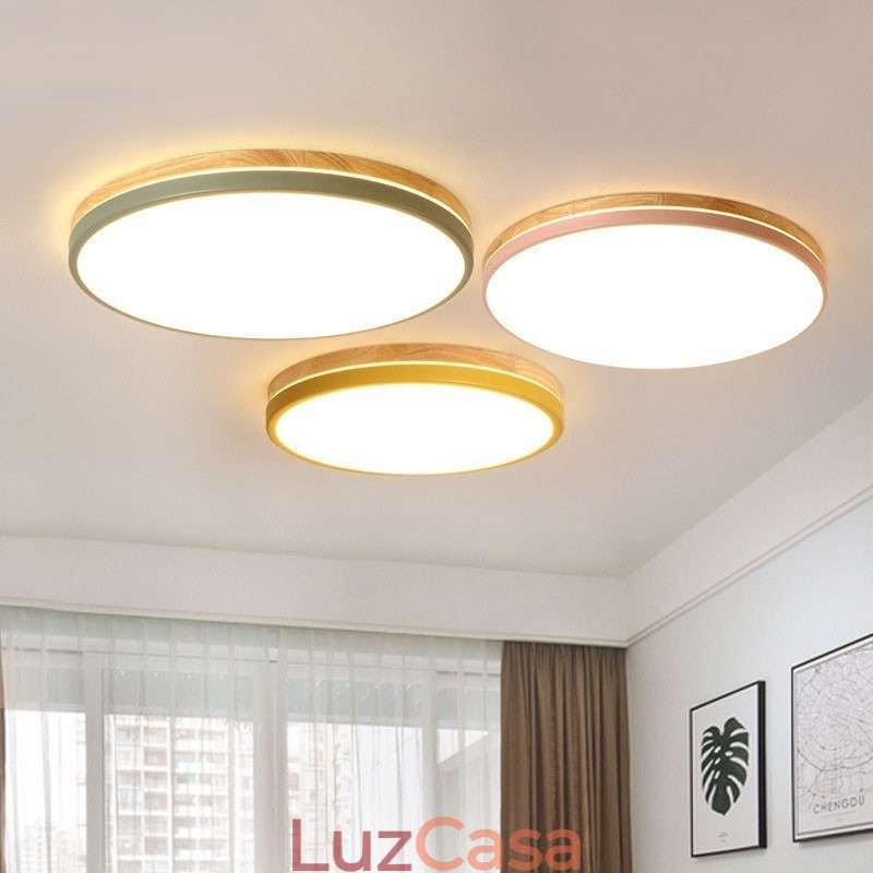 Luminária de teto redonda de madeira multicolorida ultrafina regulável com abajur de acrílico estilo nórdico