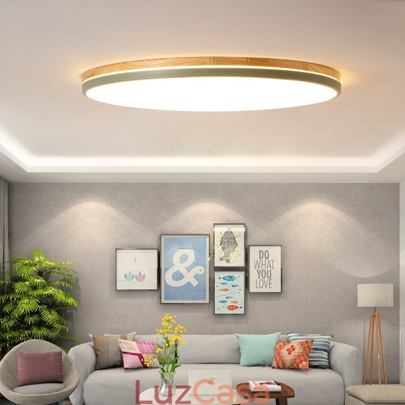 Luminária de teto redonda de madeira multicolorida ultrafina regulável com abajur de acrílico estilo nórdico