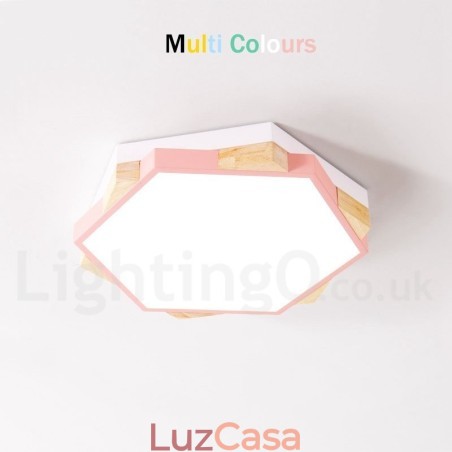 Luminária de teto de madeira hexagonal multicolorida regulável com abajur de acrílico estilo nórdico Luminária de teto de madeira hexagonal multicolorida regulável com abajur de acrílico estilo nórdico