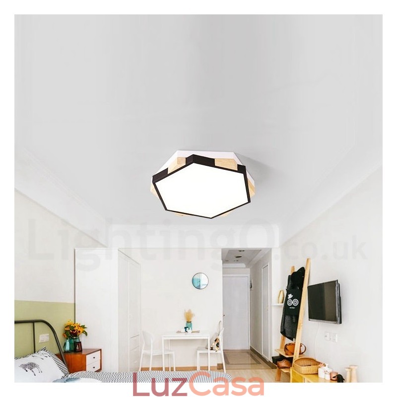 Luminária de teto de madeira hexagonal multicolorida regulável com abajur de acrílico estilo nórdico