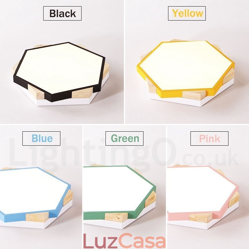 Luminária de teto de madeira hexagonal multicolorida regulável com abajur de acrílico estilo nórdico