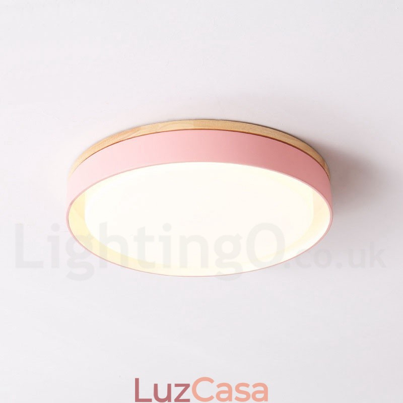 Luminária de teto circular de madeira multicolorida regulável com abajur de acrílico estilo nórdico