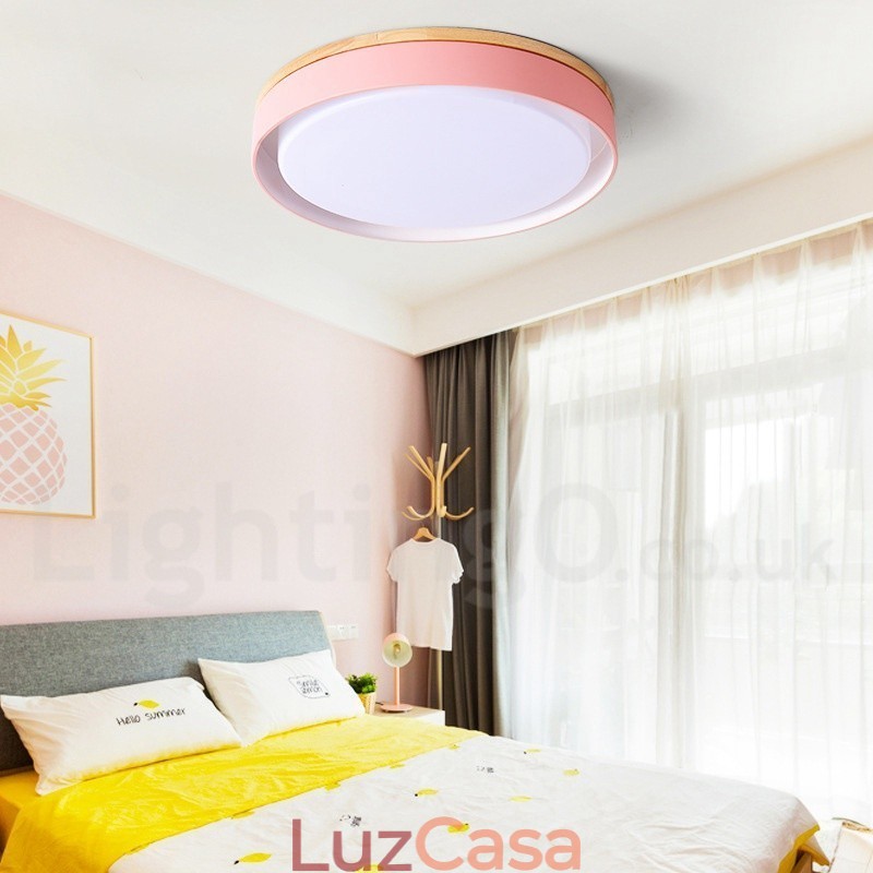 Luminária de teto circular de madeira multicolorida regulável com abajur de acrílico estilo nórdico