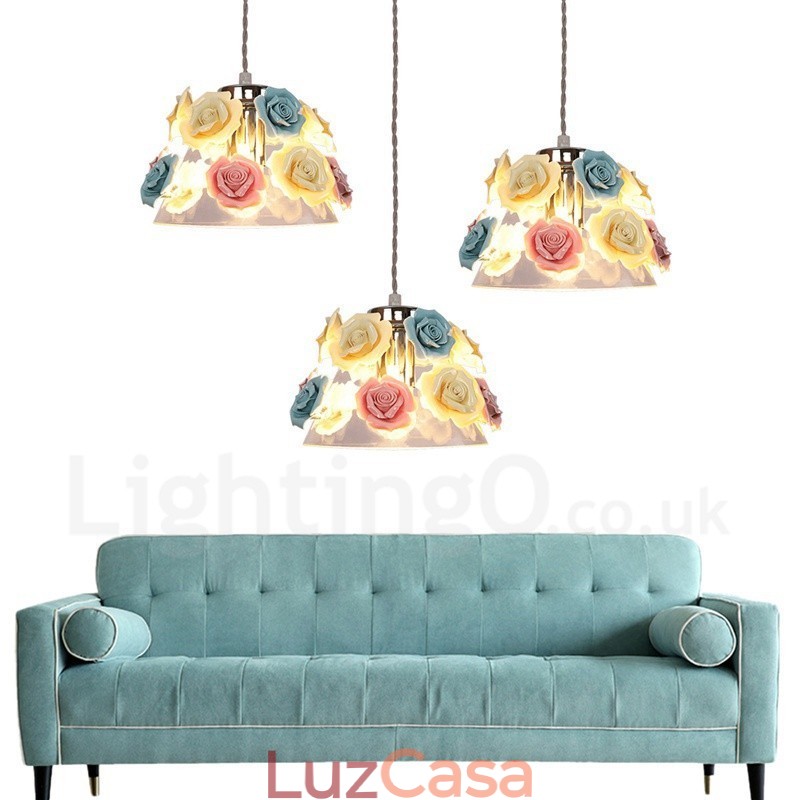 Luminária pendente de teto com flores de macaron multicoloridas e abajur de vidro