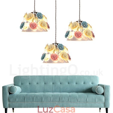 Luminária pendente de teto com flores de macaron multicoloridas e abajur de vidro Luminária pendente de teto com flores de macaron multicoloridas e abajur de vidro