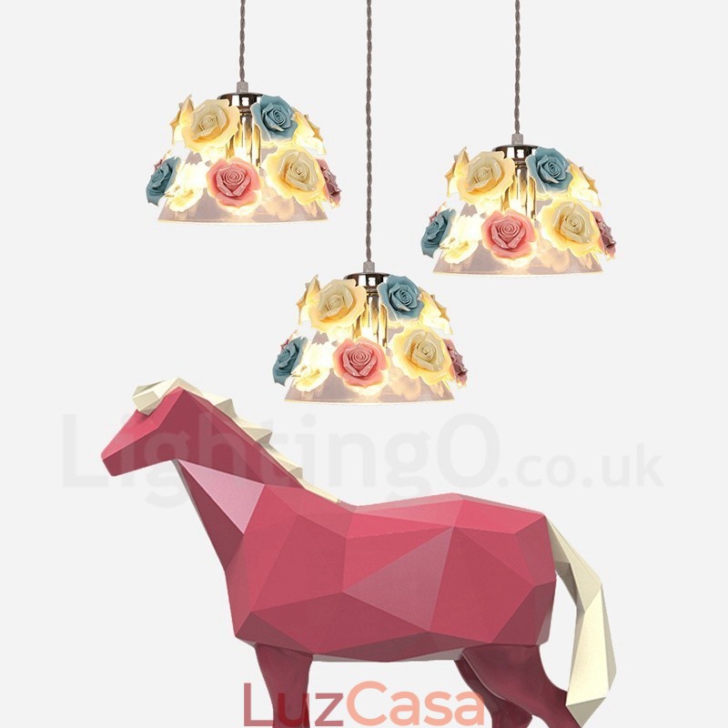 Luminária pendente de teto com flores de macaron multicoloridas e abajur de vidro