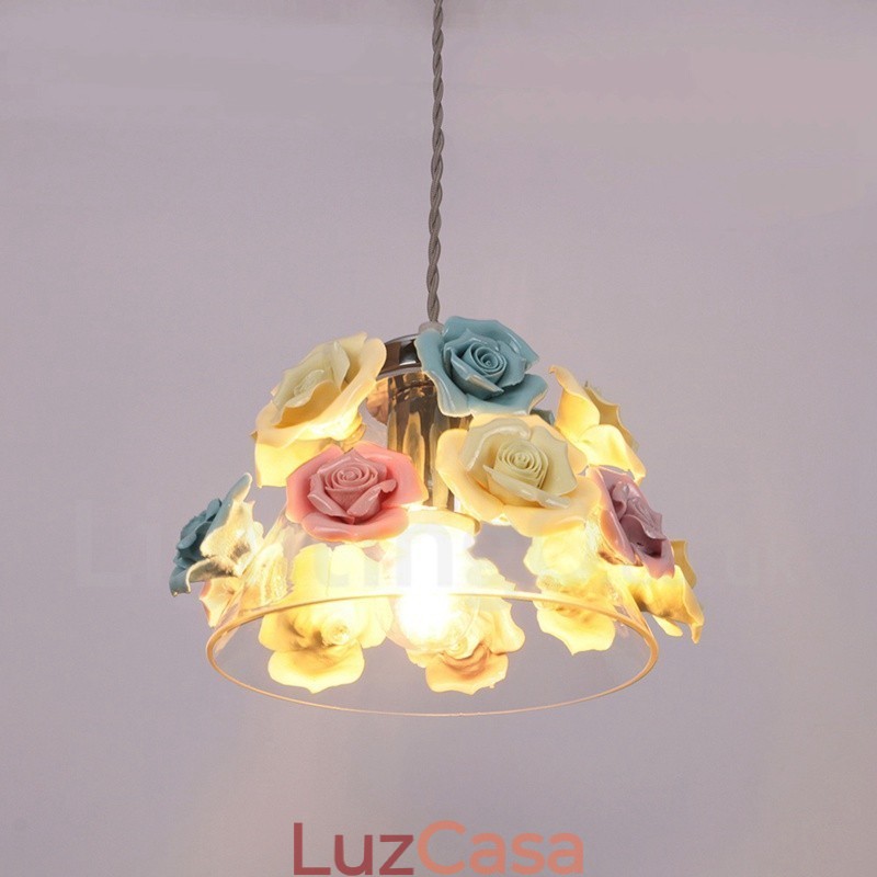 Luminária pendente de teto com flores de macaron multicoloridas e abajur de vidro